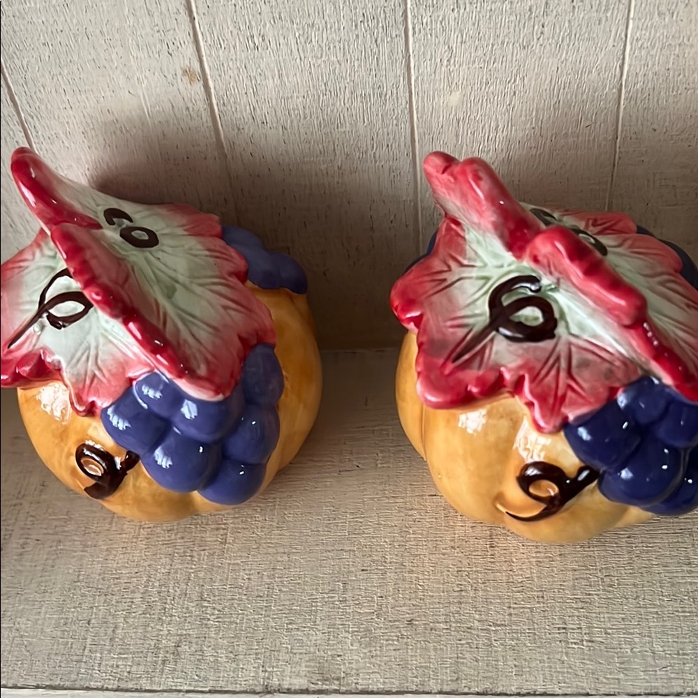 Colorful Ceramic Pumpkin and Grape Salt and Pepper Shakers